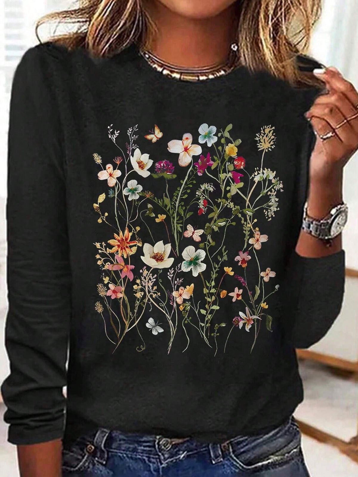 Loose Long Sleeve Crew Neck Floral Casual Regular T-Shirt