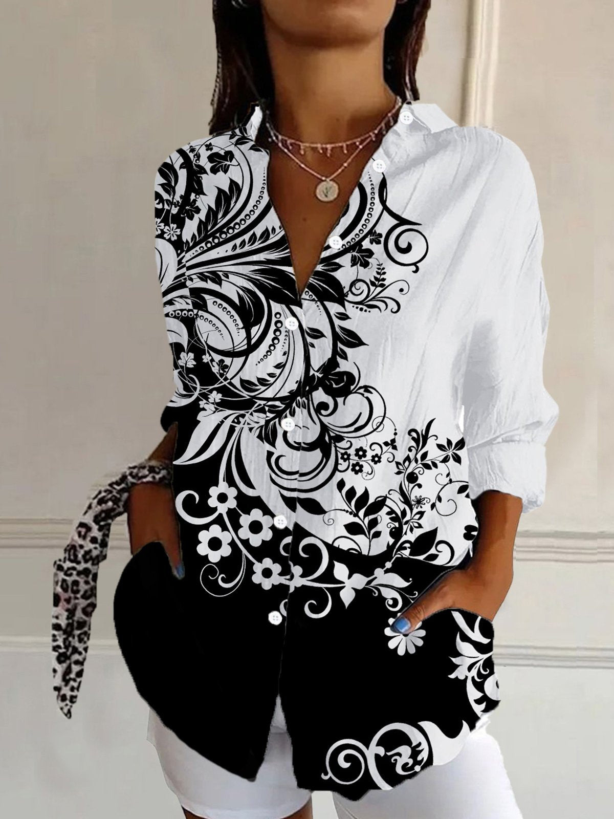 Loose Long Sleeve Shirt Collar Floral Casual Regular Shirt