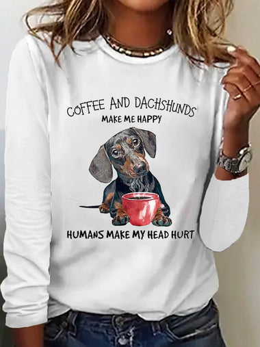 Loose Long Sleeve Crew Neck Cat Casual Regular T-Shirt