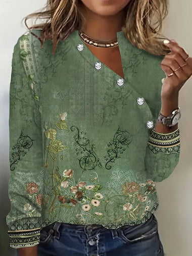 Loose Long Sleeve Asymmetrical Ethnic Casual Regular T-Shirt