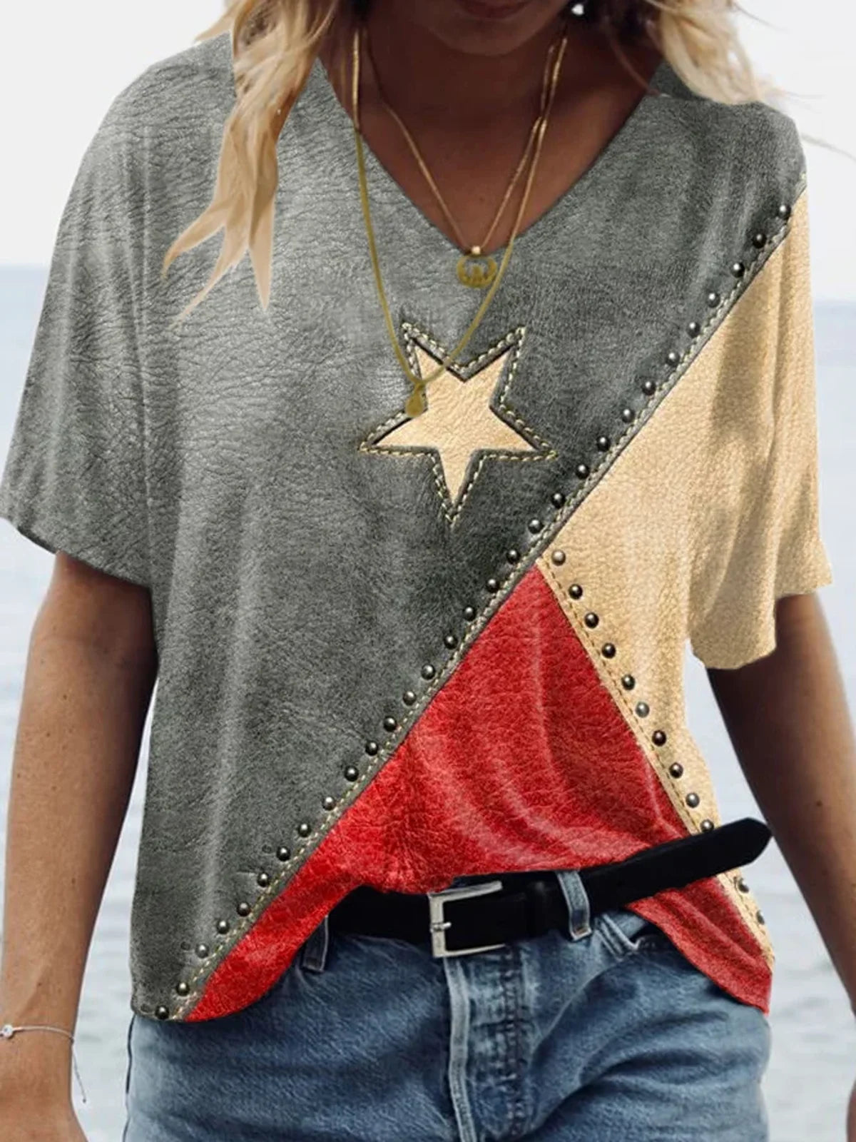 Loose Short Sleeve V Neck Independence Day Casual Regular T-Shirt