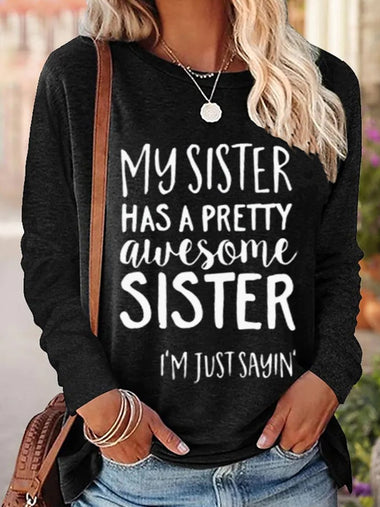 Casual Long Sleeve Crew Neck Text Letters Loose Regular Blouse