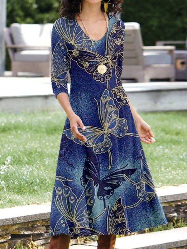 Casual Long Sleeve V Neck Ethnic Floral Maxi Dress