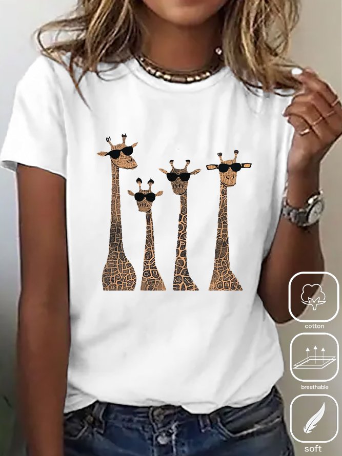 Loose Short Sleeve Crew Neck Deer Casual Regular T-Shirt