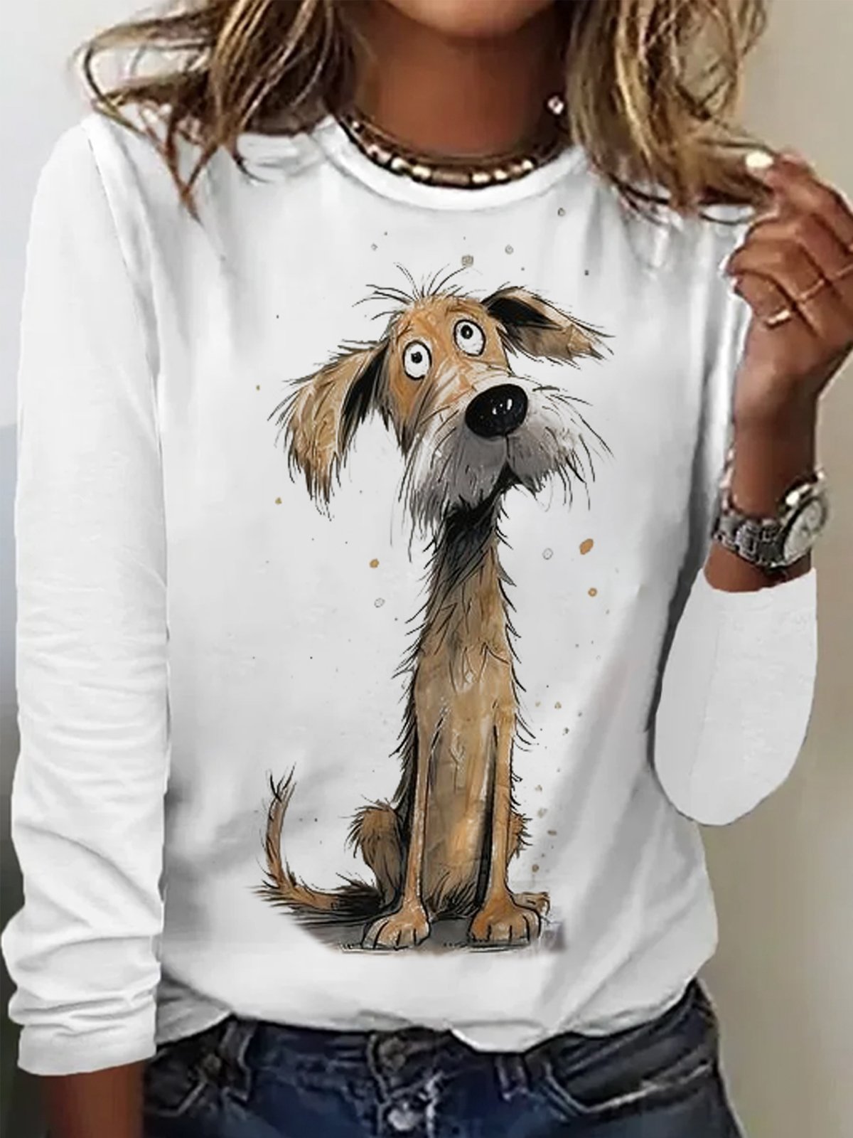Loose Long Sleeve Crew Neck Dog Casual Regular T-Shirt
