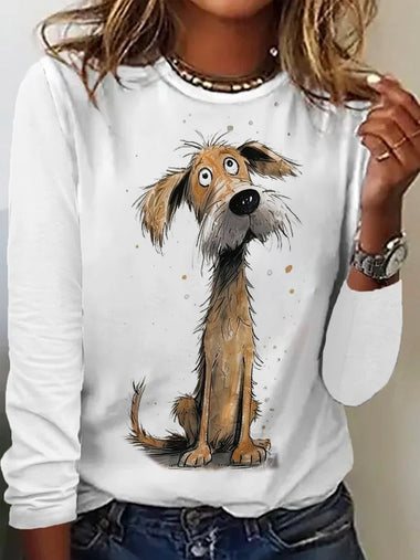 Loose Long Sleeve Crew Neck Dog Casual Regular T-Shirt