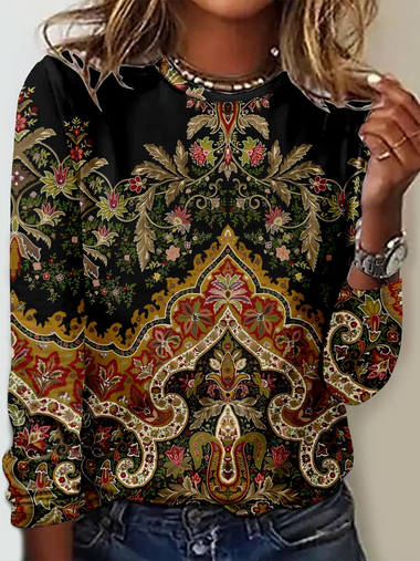 Casual Long Sleeve Crew Neck Ethnic Loose Regular T-Shirt