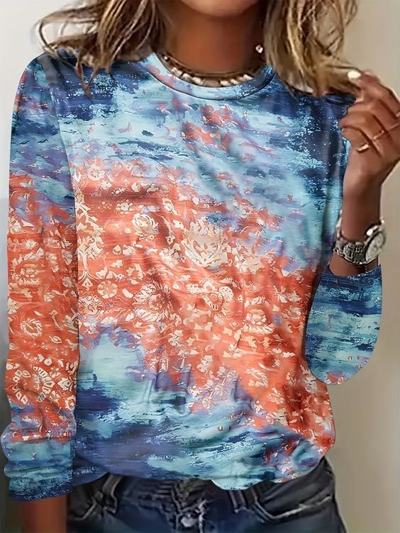 Casual Long Sleeve Crew Neck Geometric Loose Regular T-Shirt