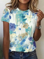 Loose Short Sleeve Crew Neck Floral Lace-Up Vacation Mid-Long Blouse