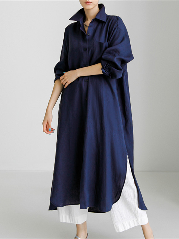 Casual Long Sleeve Shawl Collar Plain Loose Maxi Dress