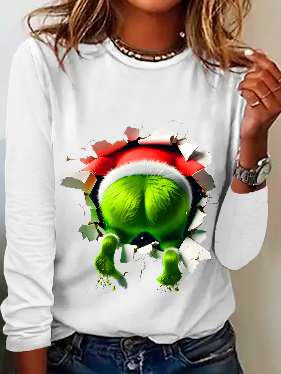 Loose Long Sleeve Crew Neck Christmas Casual Regular Blouse
