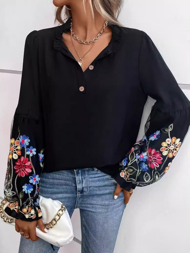 Loose Long Sleeve V Neck Plain Embroidery Casual Regular Blouse