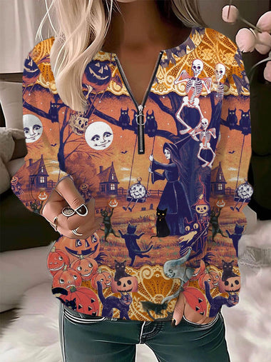 Loose Long Sleeve Crew Neck Halloween Zipper Casual Regular Sweatshirt