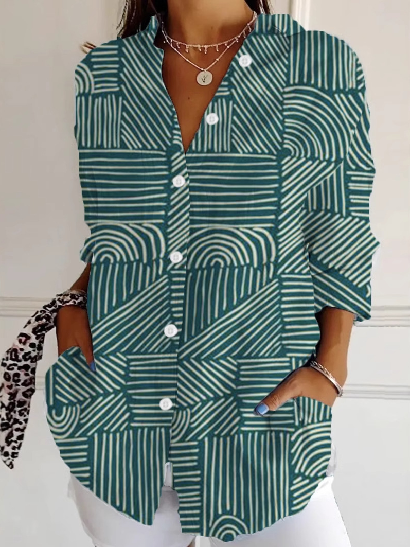 Casual Long Sleeve Shirt Collar Abstract Loose Regular Shirt
