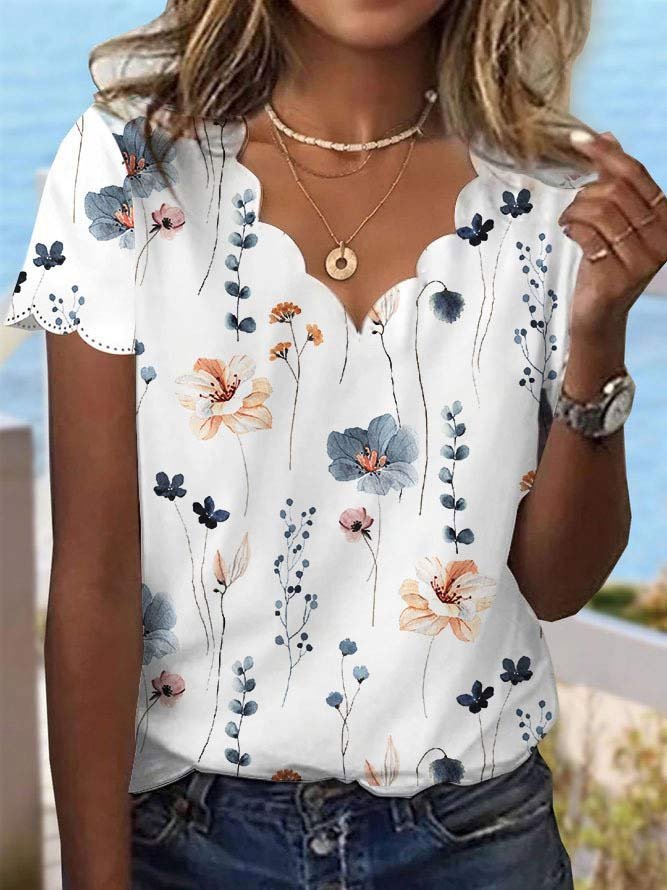 Casual Short Sleeve V Neck Floral Loose Regular T-Shirt