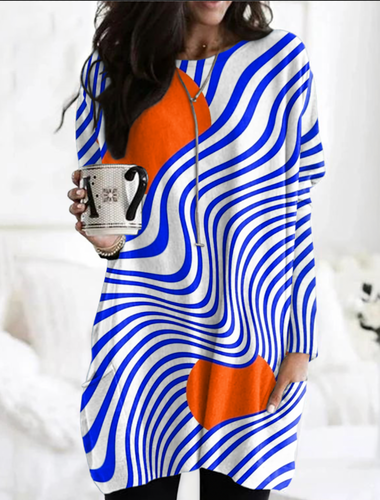 Long Sleeve Crew Neck Geometric Vintage Mid-Long T-Shirt