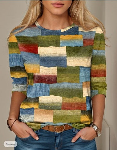 Casual Long Sleeve Crew Neck Plaid Loose Regular T-Shirt