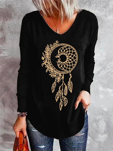 Boho Long Sleeve V Neck Dreamcatcher Loose Mid-Long T-Shirt