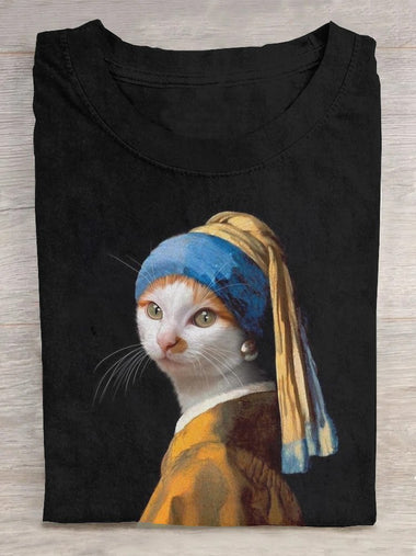 Casual Short Sleeve Crew Neck Cat Loose Regular T-Shirt