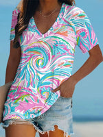 Casual Short Sleeve V Neck Ocean Pattern Loose Regular T-Shirt