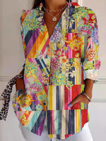 Loose Long Sleeve Shirt Collar Striped Floral Casual Mid-Long Shirt