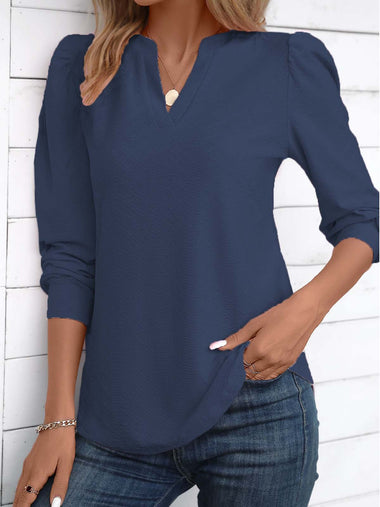 Loose Long Sleeve Notched Plain Casual Regular Blouse