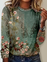 Casual Long Sleeve Crew Neck Ethnic Loose Regular T-Shirt