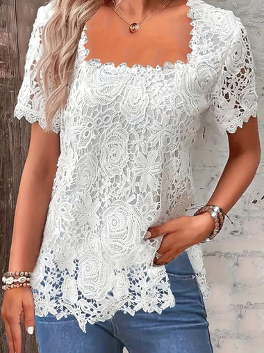 Casual Short Sleeve Square Neck Plain Loose Regular Blouse
