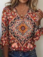 Loose Three Quarter Sleeve V Neck Ethnic Casual Regular T-Shirt