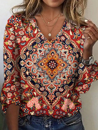 Loose Three Quarter Sleeve V Neck Ethnic Casual Regular T-Shirt