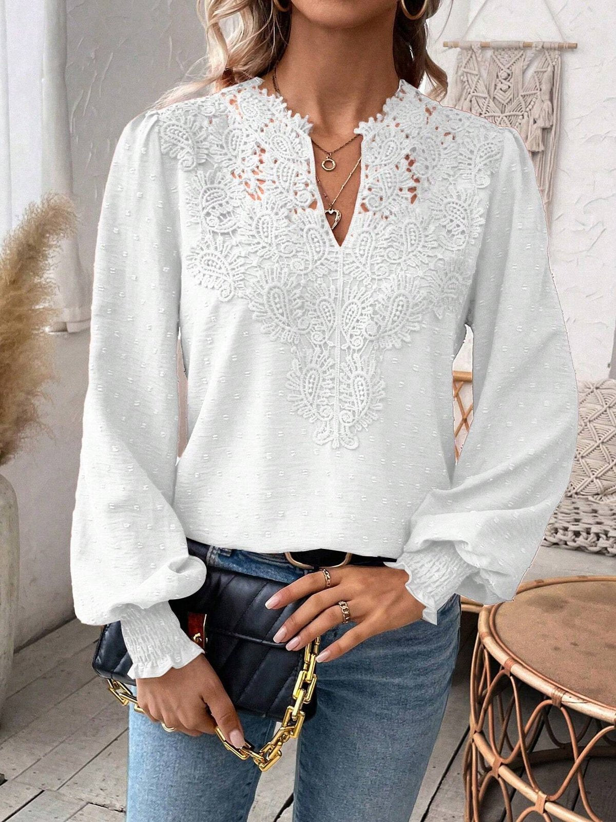 Loose Long Sleeve Notched Plain Casual Regular Blouse