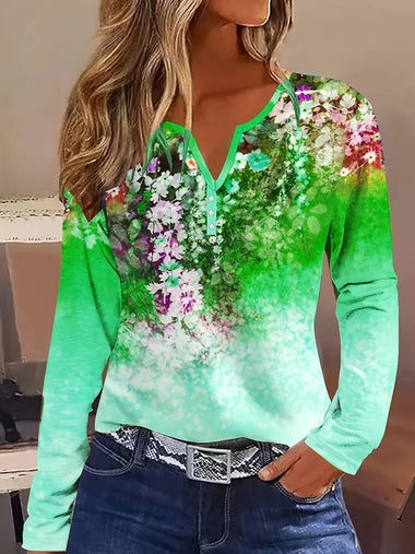 Casual Long Sleeve V Neck Floral Loose Regular Blouse