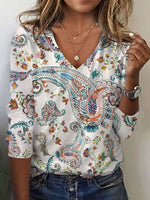 Casual Long Sleeve V Neck Paisley Regular T-Shirt