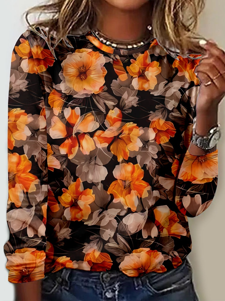 Loose Long Sleeve Crew Neck Floral Casual Regular T-Shirt