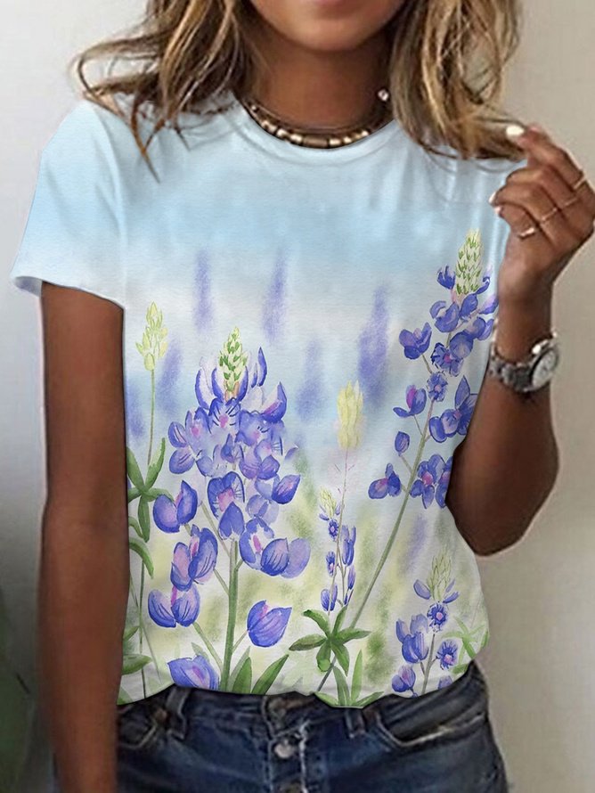 Casual Short Sleeve V Neck Floral Loose Regular T-Shirt