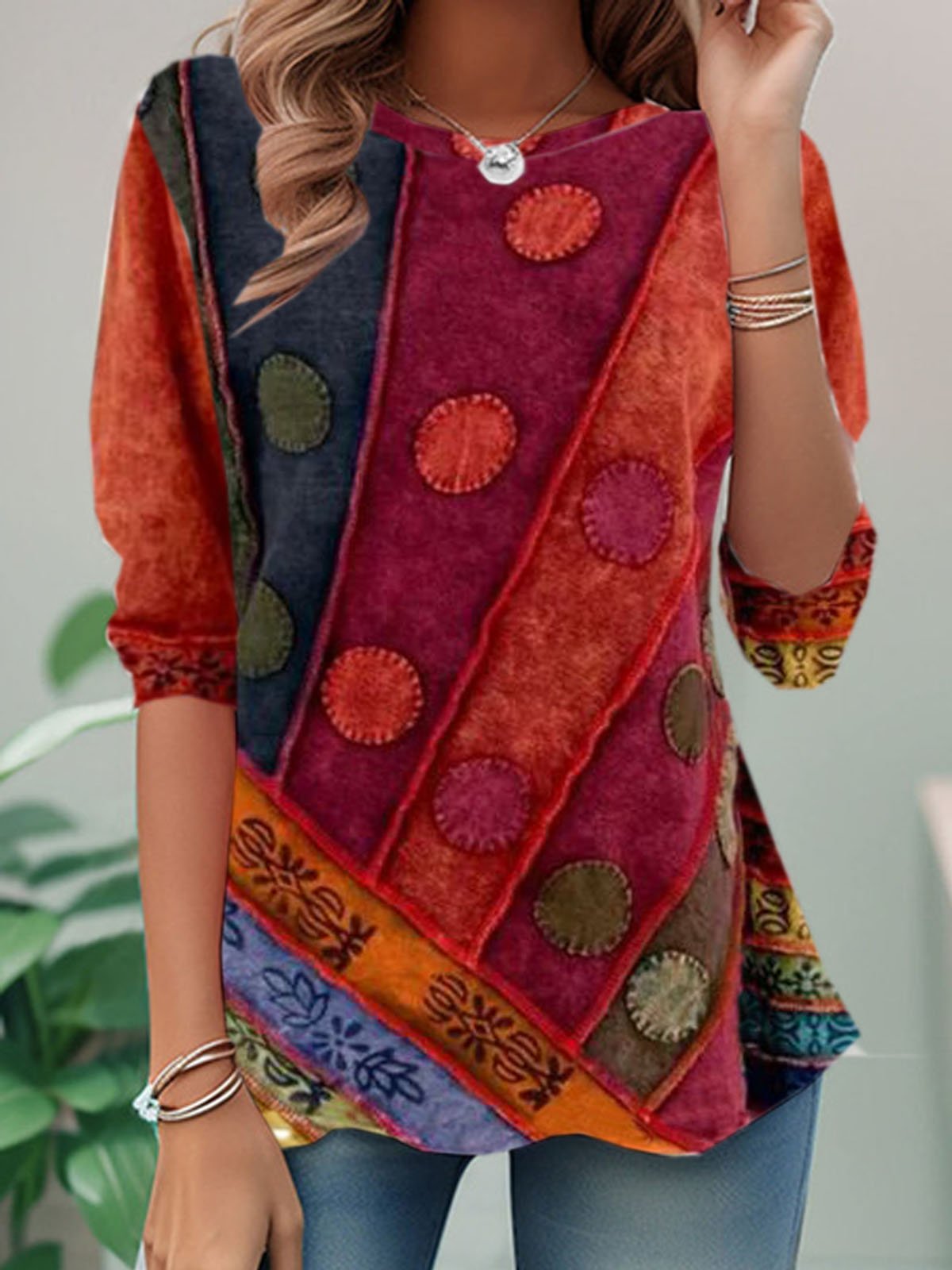 Loose Long Sleeve Crew Neck Ethnic Casual Regular T-Shirt