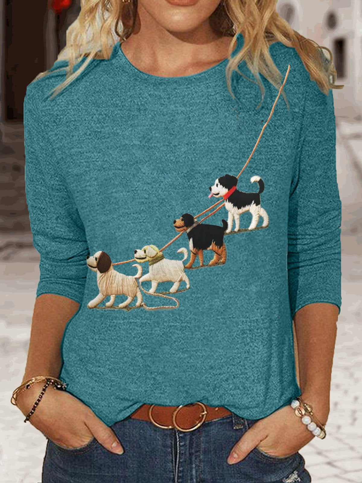 Casual Long Sleeve Crew Neck Dog Loose Regular T-Shirt