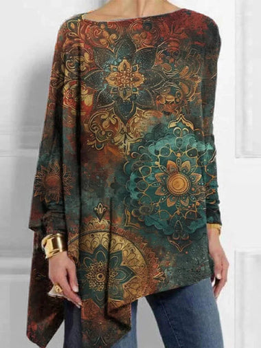 Loose Long Sleeve Crew Neck Ethnic Casual Mid-Long Blouse