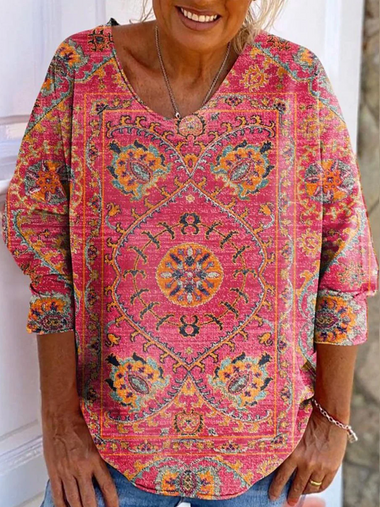 Loose Long Sleeve Crew Neck Ethnic Floral Casual Regular T-Shirt