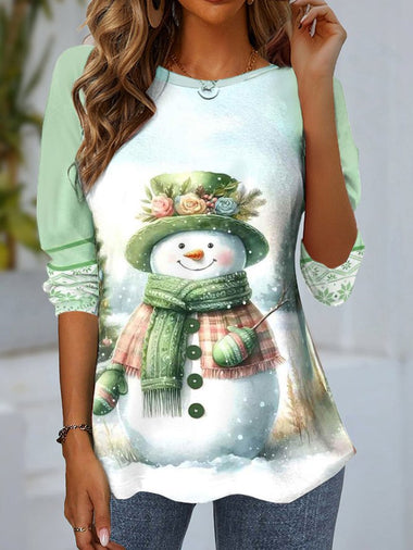 Loose Long Sleeve Crew Neck Christmas Snowman Casual Regular Blouse