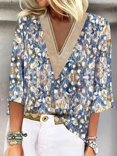 Loose Half Sleeve V Neck Random Print Casual Regular Blouse
