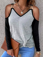 Loose Long Sleeve Crew Neck Color Block Casual Regular Blouse
