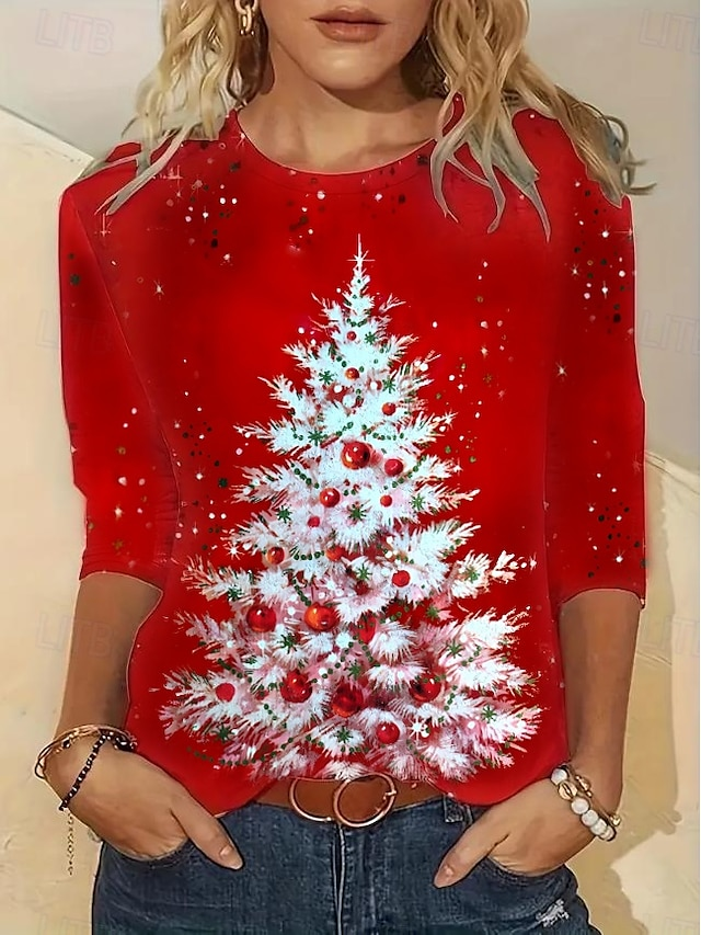 Casual Long Sleeve Crew Neck Christmas Tree Loose Regular Blouse