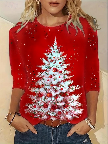 Casual Long Sleeve Crew Neck Christmas Tree Loose Regular Blouse