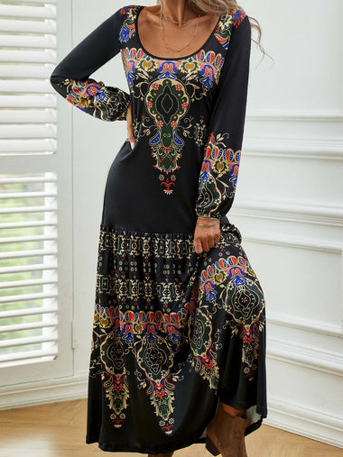 Casual Long Sleeve Crew Neck Floral Maxi Dress