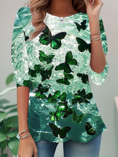 Loose Long Sleeve Crew Neck Butterfly Casual Regular Blouse