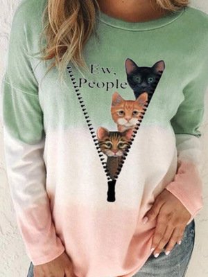 Loose Long Sleeve Crew Neck Cat Casual Regular Blouse