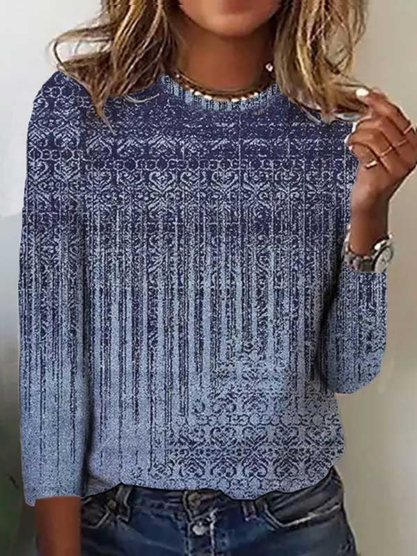 Loose Long Sleeve Crew Neck Ethnic Casual Regular T-Shirt