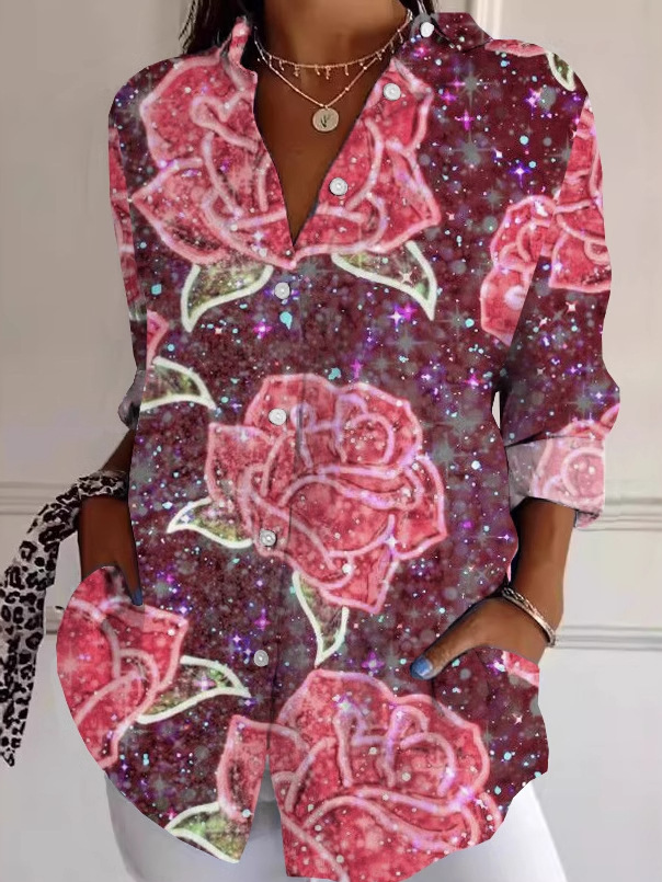 Loose Long Sleeve Shirt Collar Floral Casual Regular Shirt