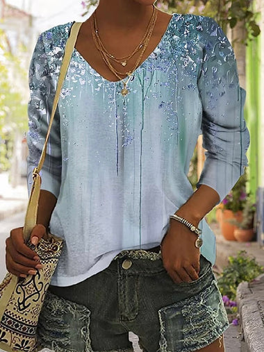 Casual Short Sleeve V Neck Floral Loose Regular T-Shirt